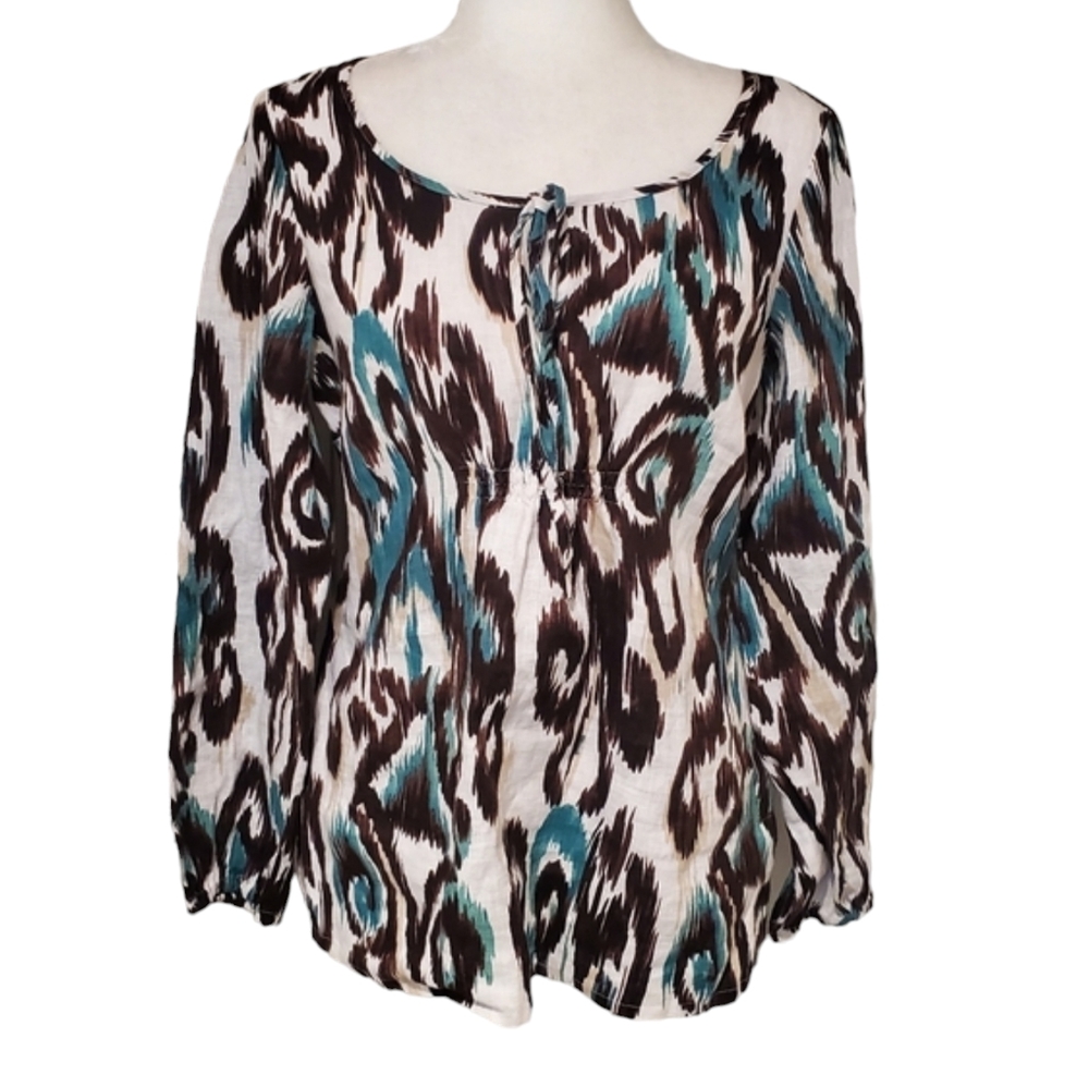 Style & Co Linen Top Womens Petite 8 Animal Print Tie Waist Long Sleeve